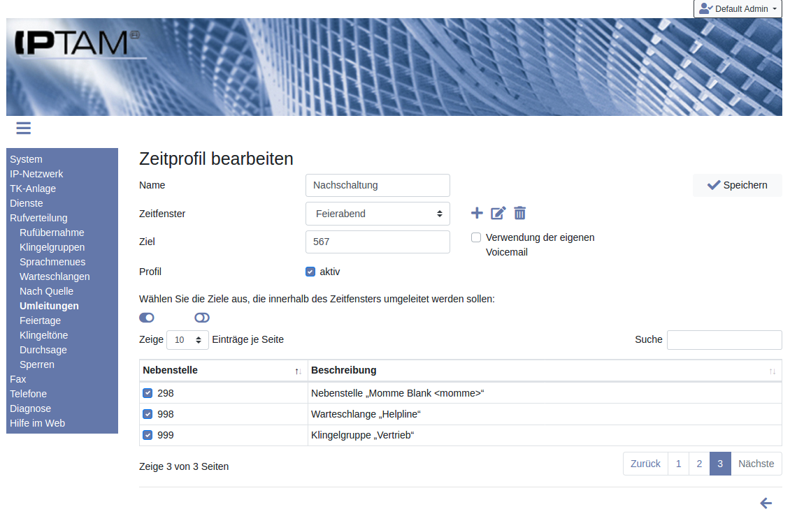 Zeitprofile  IPTAM PBX - Ihre IP-Telefonanlage