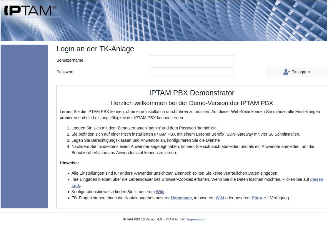 Demosystem der IPTAM PBX 4.2