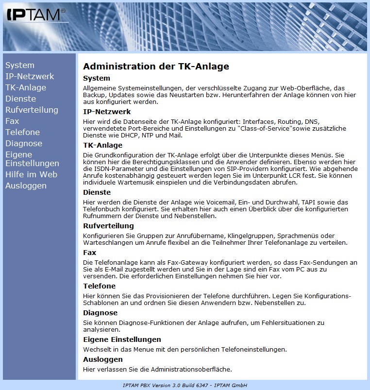 Administrationsoberfläche der IPTAM PBX